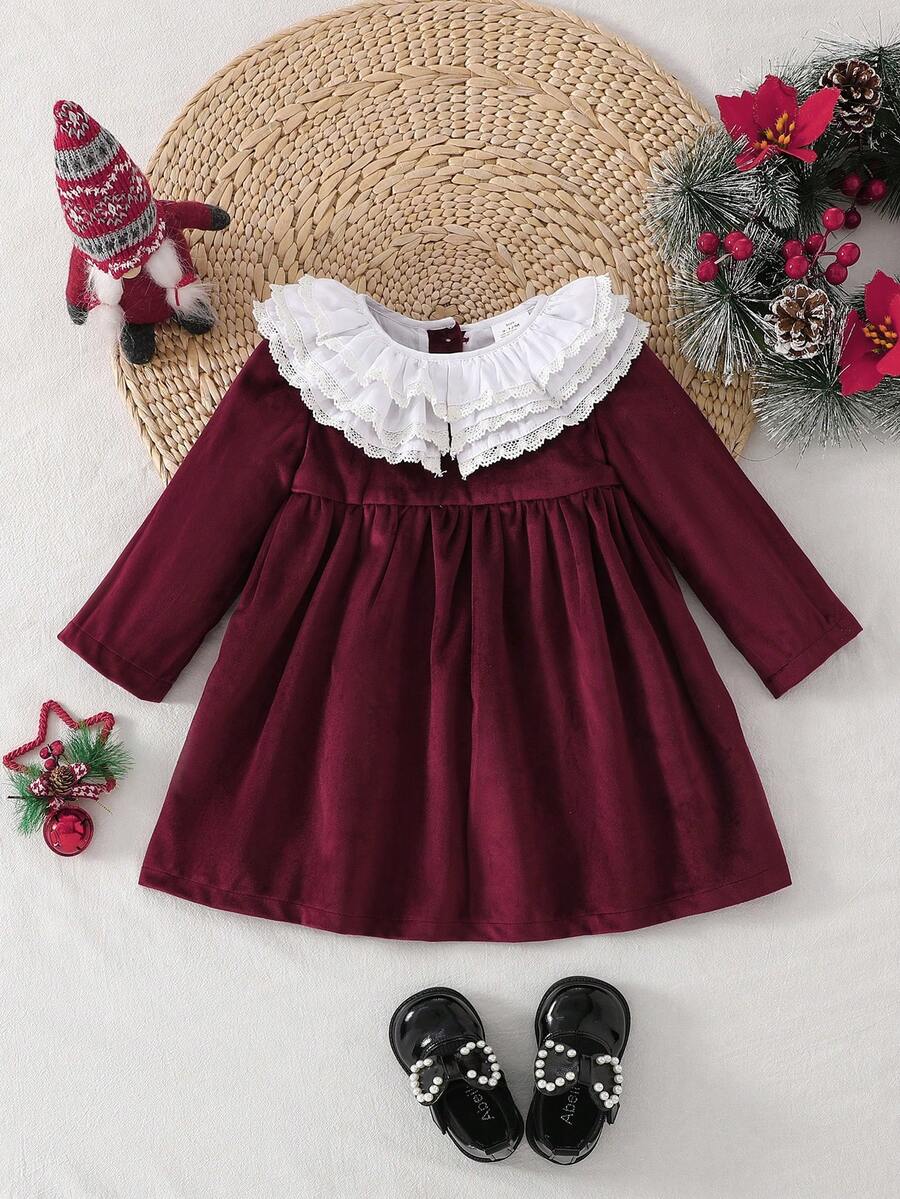 BOARNSEORL Baby Girls Velvet Dress With Contrast Color Ruffle Collar, Long Sleeve Dress, Fashionable & Elegant, Suitable For Autumn/Winter Everyday, Outing, Party, Birthday, Christmas - Burgundy - View 1