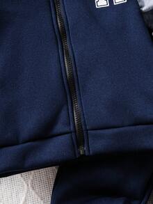 2 piezas Conjunto de estilo deportivo para niños pequeños, chaqueta con cremallera con capucha en parches azul marino y gris + pantalones casuales de unicolor con estampado de letras, otoño/invierno - Azul Marino - Ver 6