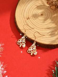 1 对时尚水钻圣诞树吊坠耳环，百搭，适合女性派对、圣诞节、休闲装 - 金色 - 查看 6