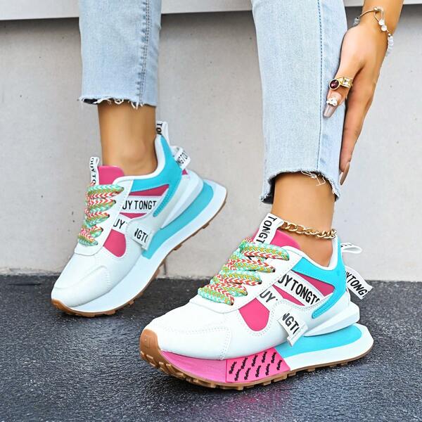 2025 Spring/Autumn Women Shoes, Thick Sole Lace-Up Round Toe Casual Sneakers, Fashion Chunky Sneakers, Rainbow Mid-Top Sports Casual Shoes, Retro Sporty Shoes, Color Block Collegiate Style Casual Running Shoes