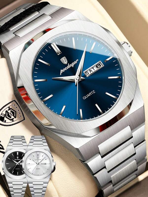POEDAGAR 1 pieza Reloj de cuarzo POEDAGAR con fecha y semana, de acero inoxidable, para hombre de negocios, reloj de moda resistente al agua y luminoso, reloj de pulsera casual adecuado para ocasiones diarias, regalo de vacaciones para hombres