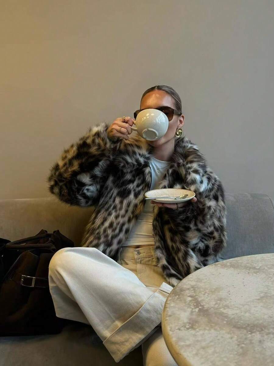 秋冬新款ins博主同款豹纹仿皮草高端中长款皮草外套女人造皮草大衣蓬蓬外套皮草 - 彩色 - 查看 1