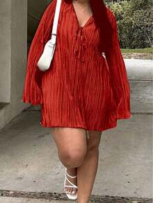 Plus Size Belted Dress, Slimming Fit, Bell Sleeve, Solid Color, Suitable For Summer Street Wear - 紅色 - 查看 1