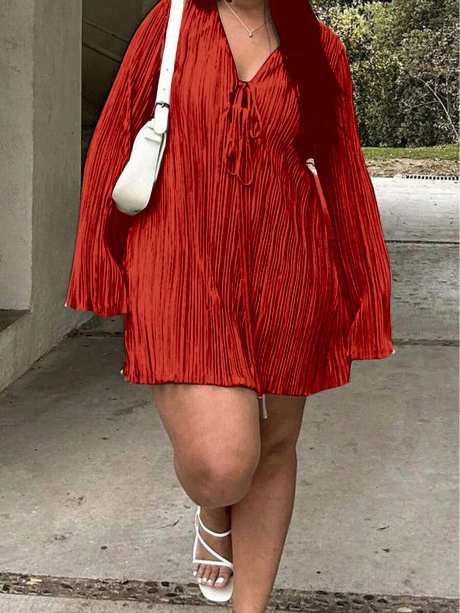 Plus Size Belted Dress, Slimming Fit, Bell Sleeve, Solid Color, Suitable For Summer Street Wear - 紅色 - 查看 1