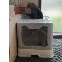 BingoPaw Caja para arena para gatos, bandeja sanitaria extra grande plegable con entrada superior y tapa, bandeja sanitaria con cubierta para gatitos, diseño de cajón fácil de limpiar con pala, color gris. - Gris - Ver 7