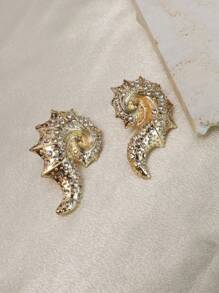 1 Pair Ocean Element Shaped Earrings, Fashionable Women's Alloy Earrings, Exaggerated Alloy Inlaid Zirconia Unique Conch Earrings, Suitable For Beach Parties And Travel