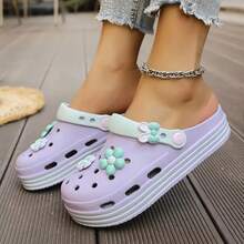 女士镂空套脚凉鞋，新款夏季防滑柔软护士工作户外沙滩拖鞋，时尚厚底防滑手术室软底拖鞋 - 紫色 - 查看 3