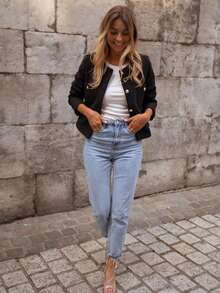 Fashionable & Elegant Solid Color Thick Wool Ribbed Front Button Office Cardigan, Autumn/Winter - Black - View 6