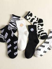 6 par damskich, personalizowanych skarpetek na jesień/zimę, z nadrukiem krowy, gwiazdą, haftem w paski zebry, długość do połowy łydki