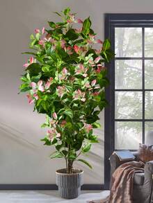 82-144cm Large Artificial Ficus Tree Fake Magnolia Plants Branch Tall Banyan Tree Faux Nandina Tree Rubber Real Touch Fiddle Leaves Plastic Fiddle Plant For Home Garden Office Decor Without 1pc - Hồng - Xem 6