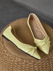 WHDXY 1 双女士平底鞋，纯色扭结乐福鞋，尖头工作鞋，舒适的一脚蹬平底鞋，适合办公室通勤，四季皆宜 - 檸檬黃 - 查看 2