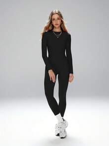 FWH 修身轮廓，百搭款式 - 经典圆领 + 光滑长袖，提臀腰带，协调套装，#AthleisureEssentials #GymToStreet，高腰健身套装，收腹瑜伽服，修身运动服，修身高腰收腹瑜伽服，女士基本两件套健身套装 - 黑色 - 查看 8