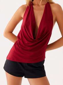 Women's Halter Neck Vest Summer Sleeveless Open Back Deep V Neck Solid Color Tank Tops - Red - View 5