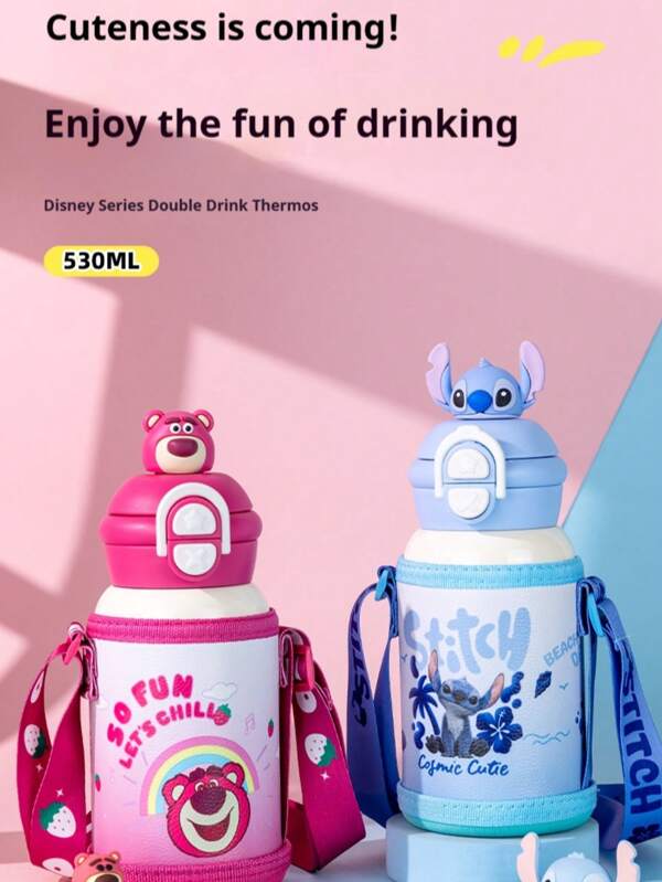 Disney 3D Character Insulated Cup For Children, Elementary School Straw Cup, Direct Drinking Character Double Drinking Insulated Cup, Kindergarten Water Cup, Elementary School Straw Cup, 530ML