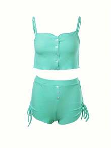 2-Piece Set Of Sexy Home Clothes With Simple Solid Color Printing, Adjustable Button Splicing, Camisole Vest+Fake Button Splicing, Double-Sided Drawstring, And Pleated Home Casual Shorts.The Fabric Feels Comfortable And Skin Friendly - màu xanh hồ - Xem 7