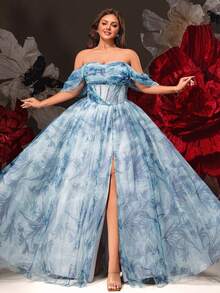 VIPGIRL 优雅蓝色花朵露肩大码礼服，高开衩，薄纱覆盖，长款正式晚礼服，女士公主风格舞会礼服，婚礼宾客礼服，奢华舞会礼服，女士派对礼服 - 藍色 - 查看 4