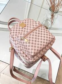 Women's Mini Printed Backpack, Faux Leather Material, Adjustable Shoulder Strap, Casual Zipper Shoulder Bag, Portable And Lightweight, Suitable For Teenagers, Women, College Students, For Outdoor, Travel, Hiking, Back To School, Work, Business, Commuting, Pink - Pink - View 2