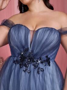 Mgiacy Elegant Plus Size Off Shoulder Chiffon Bridesmaid Dress With Appliques Romantic Cold Shoulder Long Gown - 藍色 - 查看 2