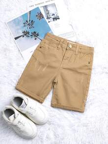 Quần short denim đen cho bé trai thêu logo, màu giặt cũ, cạp chun có thể điều chỉnh, quần short denim Bermuda co giãn - Màu Khaki - Xem 2