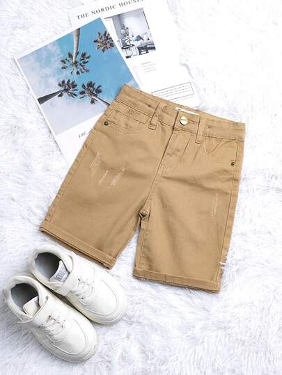 Young Boy Black Denim Shorts With Embroidered Logo, Distressed Wash, Adjustable Elastic Waist, Stretchy Denim Bermuda Shorts