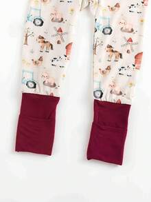 MIOZING Farm Animal Print Baby Romper Children Clothing, Bamboo Fiber Fabric,Infant Footed Jumpsuit,Toddler Outfit,Zipper Closure Cute Farmhouse Animals,Cow,Horse,Sheep,Pig,Chicken,Windmill Print,Barnyard Graphics,Cozy,Unisex Baby Apparel - 酒紅色 - 查看 6