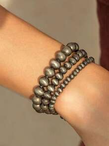 3pcs Faux Pearl Black Pearl Bracelet Set For Women, Fashionable And Simple Western Cowboy-Style Faux Pearl Beaded Elastic Layered Bracelet Set, Fashion Jewelry, Birthday Gift, Christmas Gift, Friendship Gift, Western Cowboy Jewelry