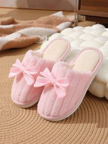 Damen Schleife Plüsch Warme Hausschuhe, Bequeme Rutschfeste Schlafzimmer Hausschuhe für Holzböden, geeignet für Herbst/Winter - Pink - Übersicht 5