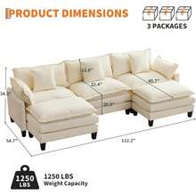 112" Modular Sectional Sofa, U-Shape Cloud Couch/Deep Seat/Armrest/Plush Corduroy Fabric, No Assembly Required, Space-Saving, 200 Pounds Boneless Compression Sleeper Sofa For Living Room - Màu be - Xem 5