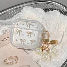 1 件装时尚 Apple 耳机保护壳，白色 3D 珍珠金蝴蝶结饰面，蝴蝶结元素，带蝴蝶结饰物，防震、防护、防尘、时尚，适合青少年和年轻人，日常使用和礼物