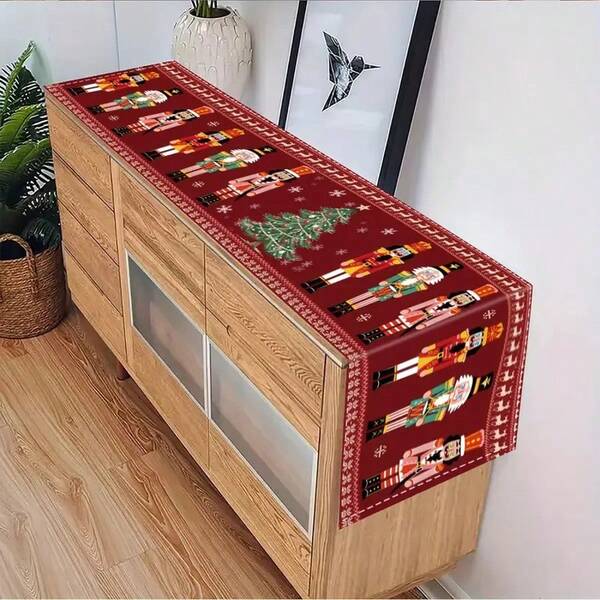 1Pc -Polyester-Red Nutcracker, Christmas Tree And Snowflake Table Runner, Home Decor, Festive Tablecloth For Coffee Or Dining Tables,Christmas Decorations