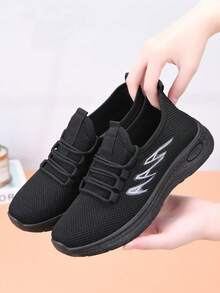 Women's Breathable Casual Shoes, Non-Slip Soft Bottom Comfortable Black Work Shoes, Flat Fabric Solid Color Round Toe Sneakers, Suitable For All Seasons - Black - View 9