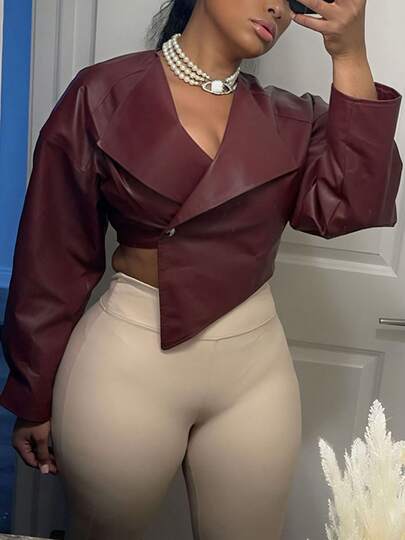 New Stylish Cropped PU Leather Casual Jacket For Women