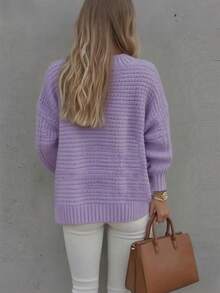 Sweater Rajut Lengan Panjang Kerah Tinggi Warna Polos Kasual - Purple - View 2