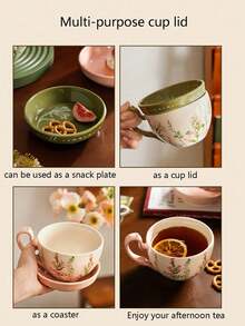 1pc百合花图案咖啡杯大容量陶瓷杯带盖多功能早餐杯牛奶杯酸奶碗 - 百合帶蓋咖啡杯 - 查看 6
