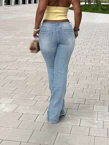 2025 Minimalist Stylish Women's Slim Fit Casual Flare Leg Long Jeans - Light Wash - View 2