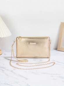 1pc Gold Crocodile Embossed PU Minimalist Clutch Bag With Metal Chain Shoulder Strap & Coin Purse, Suitable For Women/Girls, For Evening, Party, Shopping, Commuting, Travel And More , Gold Bag