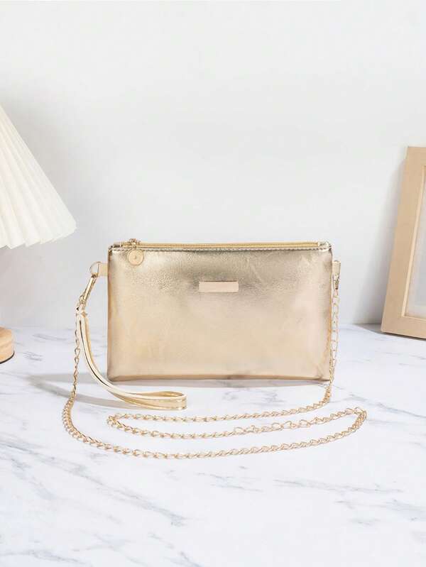 1 Pieza Bolso de Embrague Simple con Estampado de Cocodrilo Dorado en PU con Cadena de Metal para el Hombro, Monedero, Adecuado para Mujeres, Niñas, Cena, Fiesta, Compras, Viajes Diarios y Otras Ocasiones.