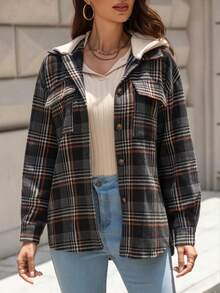 Áo khoác nhẹ có mũ kẻ caro dành cho nữ, Xuân/Thu - màu đen - Xem 4