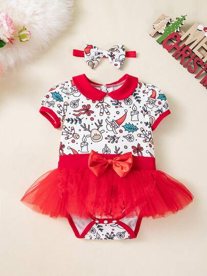 2pcs/Set Baby Girls' Christmas Print Short Sleeve Bodysuit Dress & Headband Set, Mesh Patchwork, Infant Holiday Photo Shoot & Party Outfit
