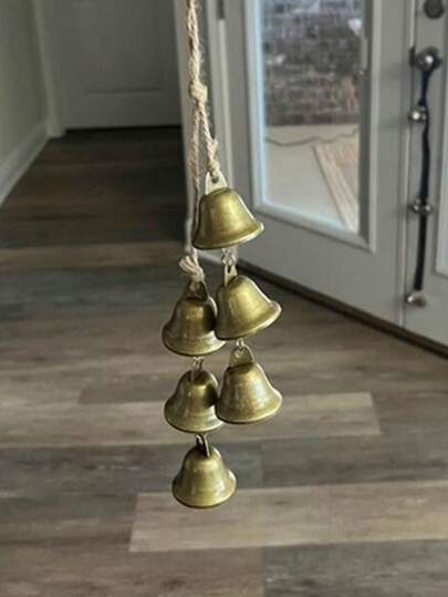 6pcs Christmas Bell Ornaments, Jute Rope Bells, Retro Trumpet Bell Hanging Decor, Home Wall Decor Iron Wind Chimes, Christmas Wreath Accessories, Vintage Bronze Bell Decorations, New Year Classic