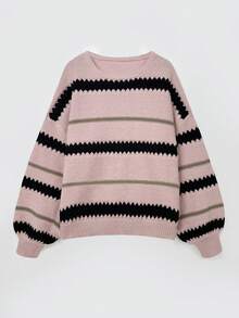 女士休闲条纹落肩宽松套头毛衣 - 彩色 - 查看 4