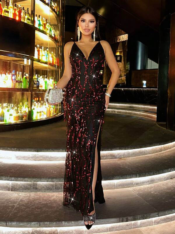 CHOSMO Prom DressCHOSMO Prom Dresses For High School Christmas Halter Tassel Strapless Backless High Waist Side Split Sequin Maxi Skirt,Demure Slim Dinner Outfit,Date Night Dress,Elegant Evening Dress,Wome's Prom Dresses High Slit Flowy Party Dress