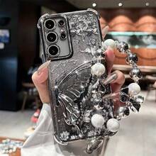 (Bracelet) (Butterfly Stand) Butterfly Stand Compatible With Samsung S24Ultra Phone Case Fe Four-Corner Anti-Fall GalaxyS23plus Flower Strap S22 Glitter Protective Case, New Design For Women S25/S25U Phone Case - Black - View 5