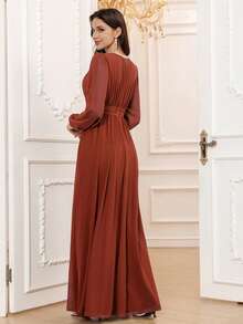 Volly Toych 锈棕色春季优雅A字圆领长袖及地雪纺正式伴娘礼服、婚礼宾客礼服、无衬里袖子 - 鏽棕色 - 查看 3