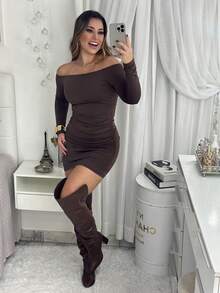 Strapless Long Sleeve Dress With Side Ruching - 鏽棕色 - 查看 2