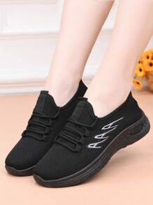 Women's Breathable Casual Shoes, Non-Slip Soft Bottom Comfortable Black Work Shoes, Flat Fabric Solid Color Round Toe Sneakers, Suitable For All Seasons - Black - View 4
