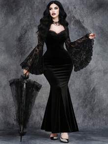 Vestido de mujer gótico y sexy con mangas de encaje, parches y cola de sirena con terciopelo para Halloween. Vestido elegante y formal de noche, para graduación, cena, fiesta de boda como invitada