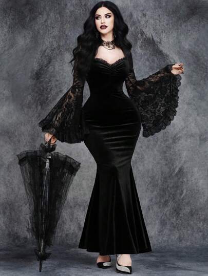 Damen Gothic Sexy Halloween Ärmel Spitze Patchwork Fischschwanz mit Samt Kleid, schwarzes elegantes formelles Abendkleider für Abschlussball, Dinner Party, Hochzeitsgast Kleid