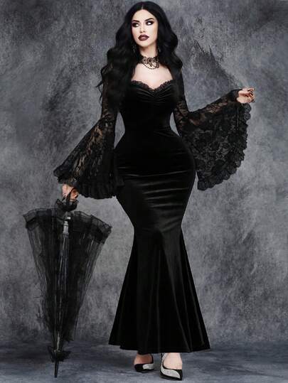 Vestido de mujer gótico y sexy para Halloween con mangas de encaje, parches y cola de pez con terciopelo, vestido elegante negro formal para baile de graduación, cena, fiesta de boda y Día de San Valentín primaveral