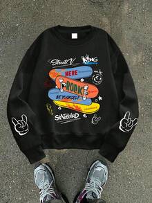 1 件青少年男孩滑板风格街头元素印花圆领运动衫，柔软舒适，春秋日常休闲装